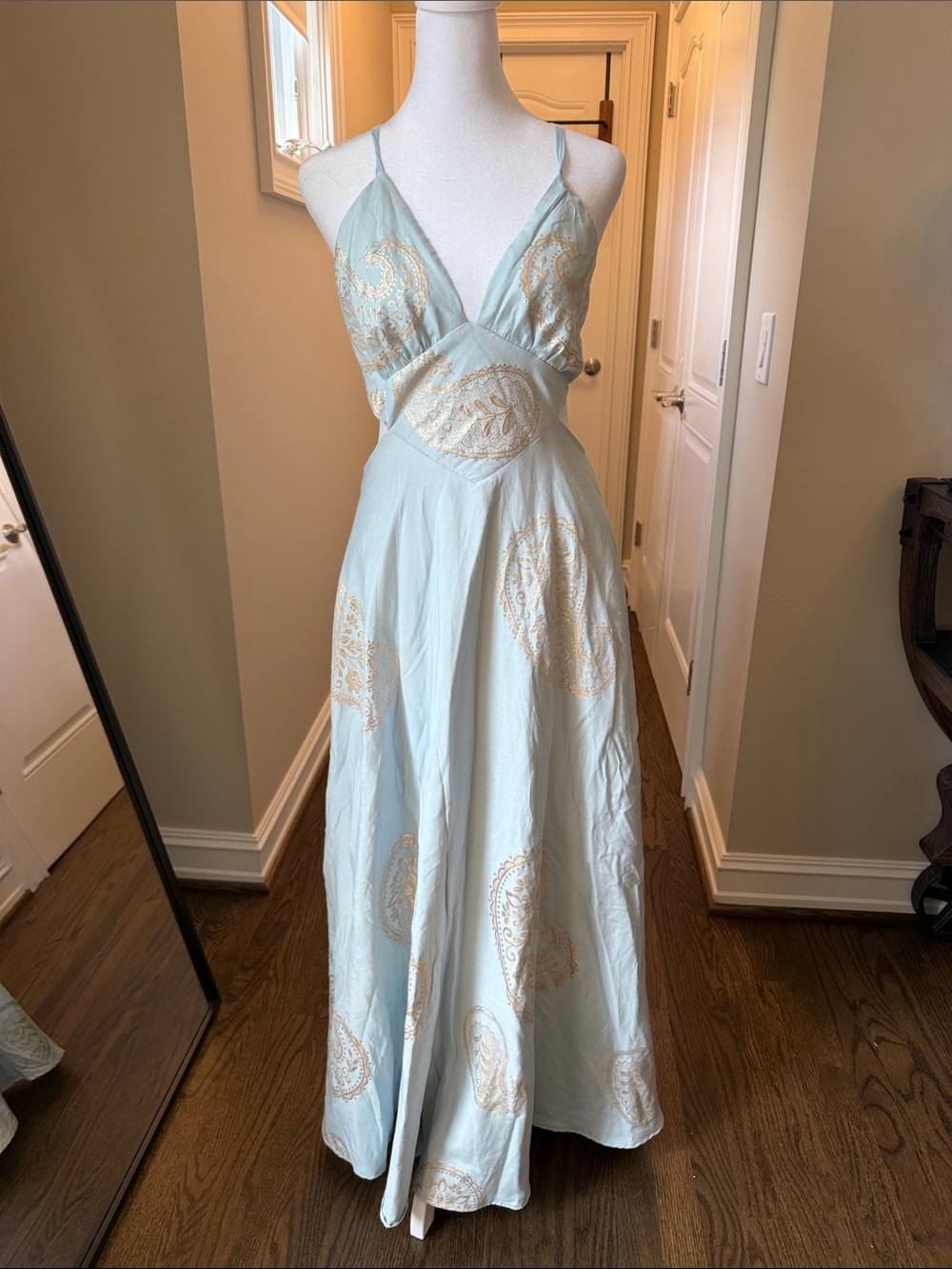 Sky Blue Maxi Dress with Gold Medallion Detail